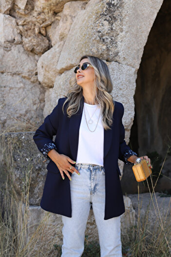 bytugcekaya Blazer cu guler șal căptușit cu leopard bleumarin