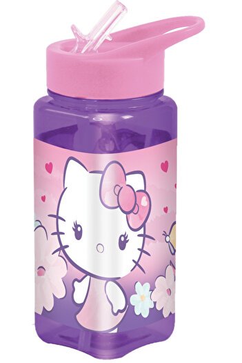Hello Kitty Sanrio Hello Kitty Square Water Bottle for Kids – 500ml, Flip Straw Lid – Purple & Pink