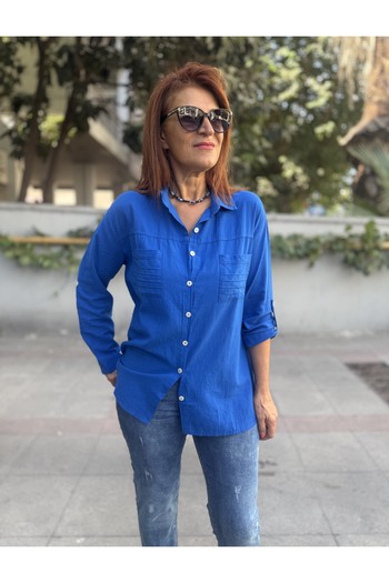DenizEge Double Pocket Cotton Shirt Saks Blue