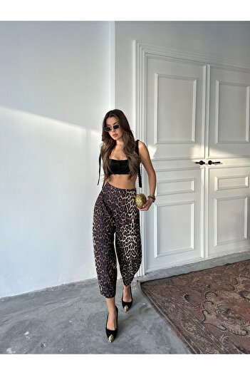 NOA LİNE Leopard Pattern Scuba Crepe Fabric Baggy Model Balloon Pants Ld150924