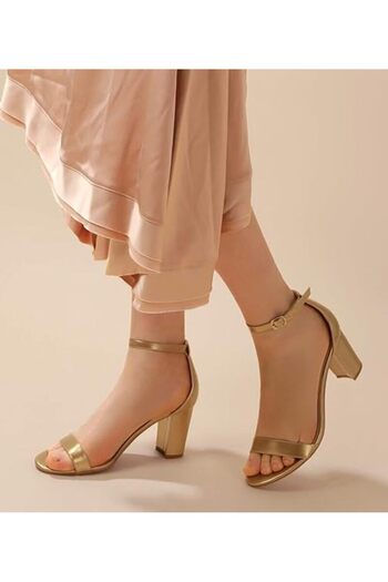 leopar by çetinay Selora Luxe Gold |   Women's Gold-Colored Thick Heeled Ankle-Tied Stylish Evening Dress & Formal Shoes
