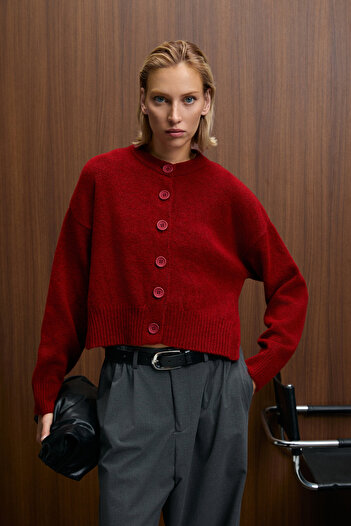 GRIMELANGE Pureza women's round neck long sleeve button soft texture regular fit knitwear red sweater