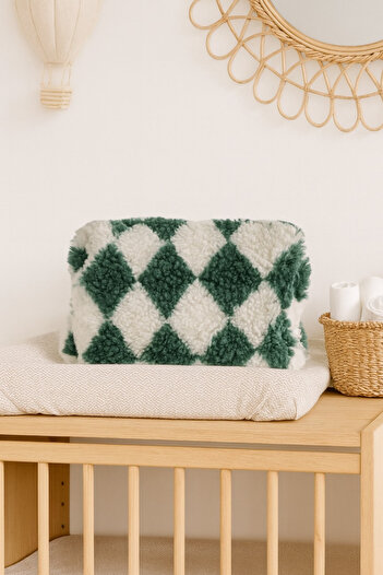 Mama Yoyo Baby&Kids Checkered Plush Organizer Bag Green-Ecru Baby Care /Makeup Bag