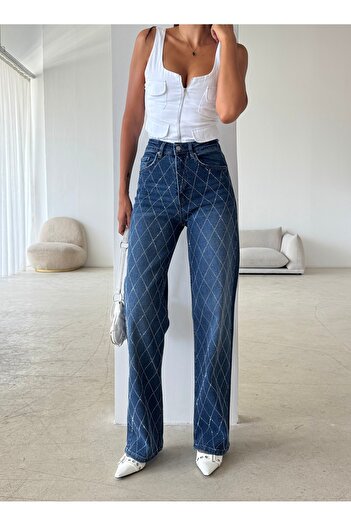 LOS FECHKA Women's Blue Color Stone Detailed Wide Leg Trousers