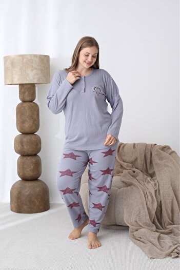 makkash Cotton Blue Battal Women's Large Size Long Sleeve Pajama Set