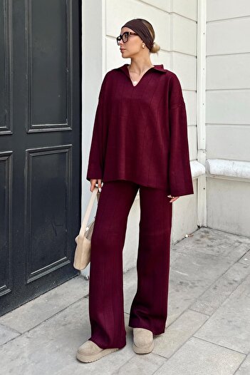 Swist Set de tricotat pentru femei, cu guler polo, oversize, pulover-pantaloni, burgundy