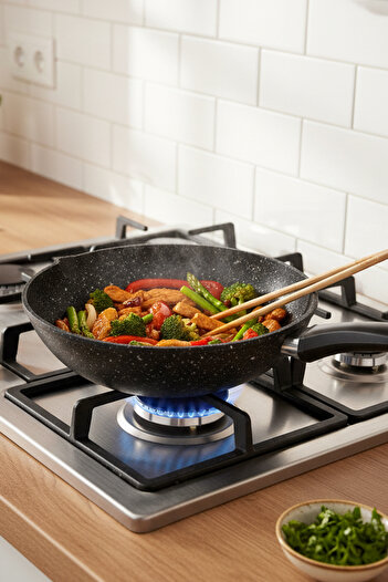 FİTHOME 28 cm Cast Granite Fireproof Non-Stick Deep Wok Pan