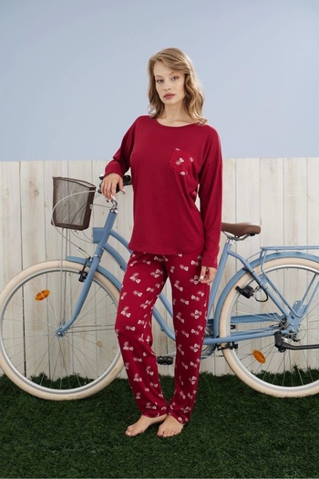 Pijamoni Women's Milan Fabric Crew Neck Pajama Set - Burgundy