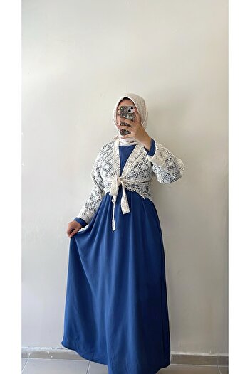 DİLEKBUTİK Blue Ayrobin Genis Cut Dress Bolero Suit