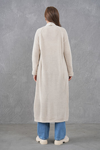 bayansepeti Cream Knitwear Fabric Double Pocket Shawl Collar Long Cream Cardigan 5001