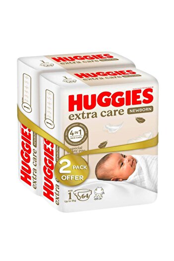Huggies Extra Care Newborn, Size 1, Up to 5 kg, Twin Jumbo Pack, 128 Diapers