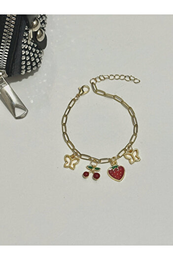 sleyshop Thick Chain Coquette Strawberry Cherry Butterfly Gold Color Bracelet