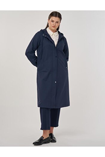 Kayra Hooded Long Trench Coat Dark Navy Blue