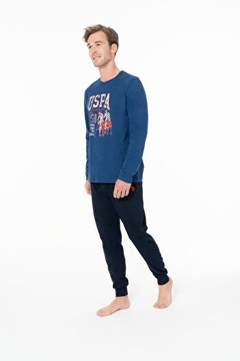 U.S. Polo Assn. Ανδρικό σετ πιτζάμες με λασικτένιο στάμπα από 100% βαμβάκι - Indigo - ASTPS18D95K5-RIND