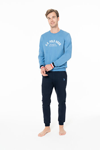 U.S. Polo Assn. Erkek %100 Pamuklu Bisiklet Yaka Mavi Ev Stil Pijama Takımı - Mavi - SELKR18K94Y3-MMAVI