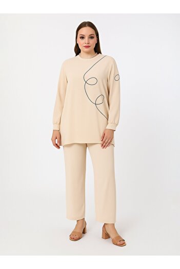 ALİA Contrast Piping Detailed Crew Neck Plus Size Suit - Stone -