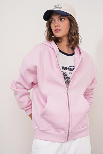 Mixray 2023 Unisex 3İplik Basic Polarlı Fermuarlı Sweatshirt Hoodie Pembe
