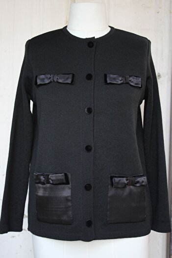 trikobis Velvet Buttoned Wool Knitwear Cardigan with Satin Pocket and Bow Detail