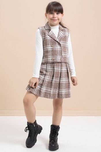 Cansın Mini Brown Plaid Patterned Button Detailed Jacket Girl's 2 Piece Set 21541