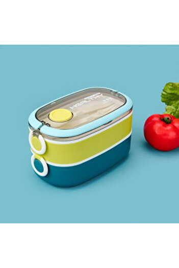MATMEL Healty Two-Tier Steel Food Container - Yellow / Blue - 1.3 Lt