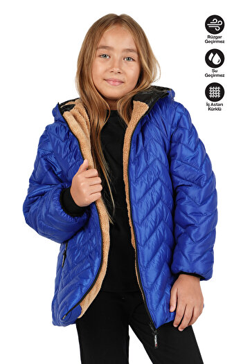 Merdia Girl's Waterproof and Windproof Hooded Coat with Zigzag Pattern