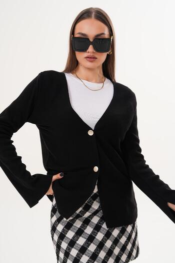 ŞİMAL Women's Double Button Detailed Sleeve Slit Cardigan 255092 -