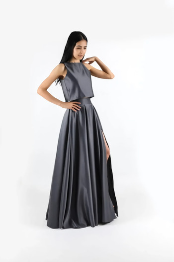 MadyaButik Women's Elegant Slit Detailed Gray Satin A-Line Pleated Skirt