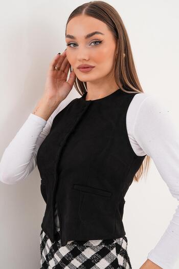 ŞİMAL Women's Button Closure Suede Vest 255066 -