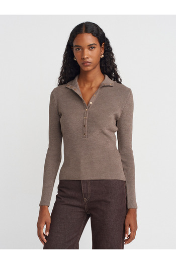 Dilvin 10686 Stand Collar Snap Fastener Knit Sweater-Mink