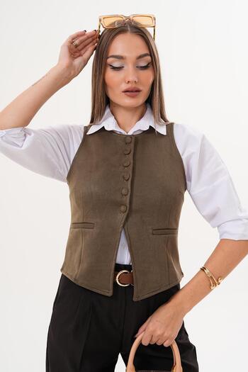 ŞİMAL Women's Button Closure Suede Vest 255066 -