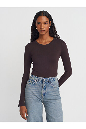 Dilvin 1267 Crew Neck Mid-Sleeve Drop Shoulder Sweater-Dark Brown