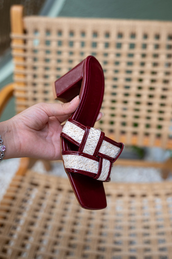 LAMİNTA Amara Burgundy Knitted Straw Detailed Women's Heeled Slippers