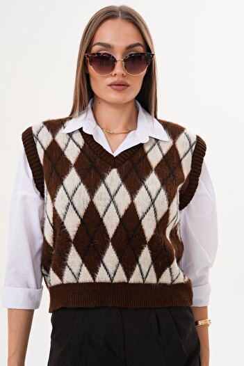 ŞİMAL Women's V-Neck Argyle Pattern Sweater 255107 -