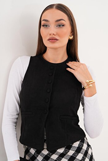 ŞİMAL Women's Button Closure Suede Vest 255066 -