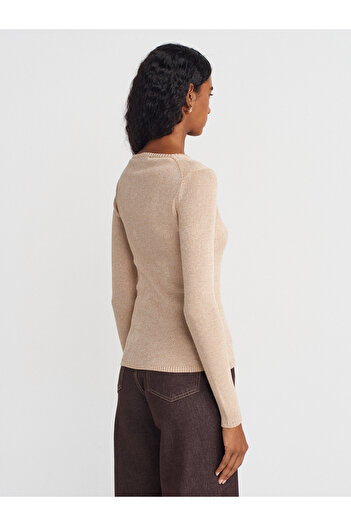 Dilvin 10803 V-Neck Glitter Knit Sweater-Beige
