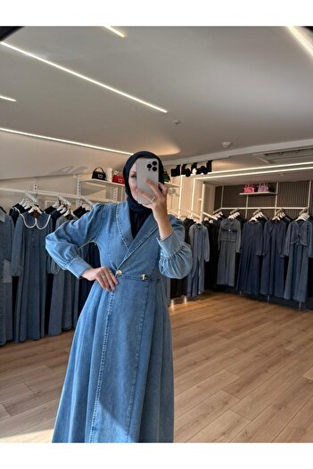 OlaLady Women's Double-Breasted Collar Double-Buttoned Hijab Denim Jeans Cap Coat
