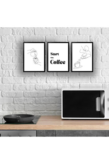 Humay Art Modern Çerçeveli Tablo Seti Caffeine Start - Üçlü Set