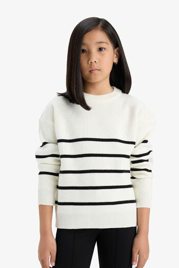 DeFacto Crew Neck Striped Knitwear Ecru Girls' Sweater Z0194A6/Er233