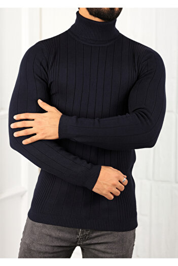 meday Clothing Men's Turtleneck Vertical Striped Fit Knit Sweater