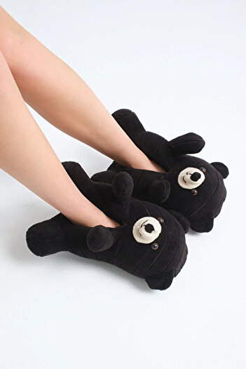 Melek Tuna Ayakkabı & Çanta Women's Slippers with Teddy Bear Figure, Cute Plush Slippers, Soundless Sole Slippers, Women's Plush Slippers