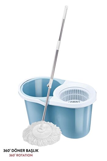 Flora F139 Balerina Otomatik Sıkma Temizlik Seti, Döner Başlıklı Mikrofiber Temizlik Mop Seti Mavi