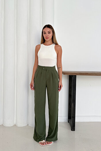 MİROR Women's Khaki Ayrobin Fabric High Waist Wide Leg Pleated Trousers