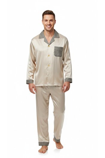 Oppland Men's Pajama Set Satin Fabric Classic Model with Pockets Comfortable Full Fit Opept26Pieromod90