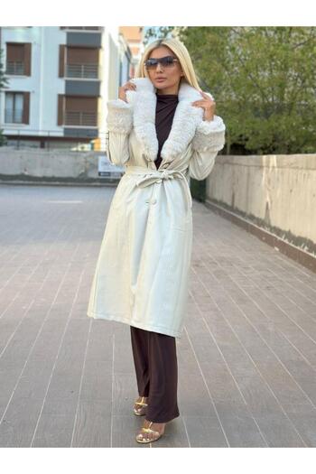 Kokoşum Butik 3589 Fur Long Leather Trench Ecru