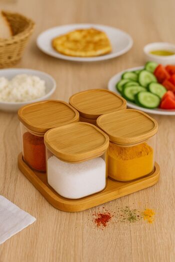 isra kristal Glass Spice Jar Set with Bamboo Lid 4-Piece – Storage Container with Stand