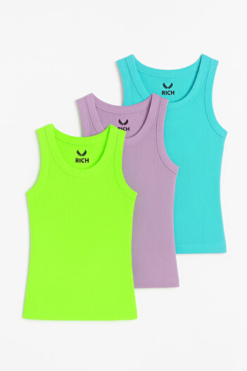 Rich Women's 3-Pack Pistachio Green-Lilac-Turquoise Zero Sleeve Camisole Bodysuit-Crew Neck 100% Cotton Tank Top B
