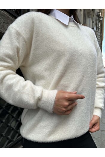 Hatun Atila Oversize Soft Textured Bearded Knitwear Sweater 2616 - White