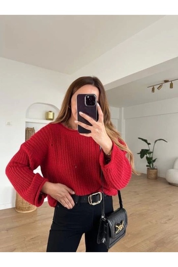 BellevieStore Recommended Trusted Seller Casual Hole Detail Sweater Red