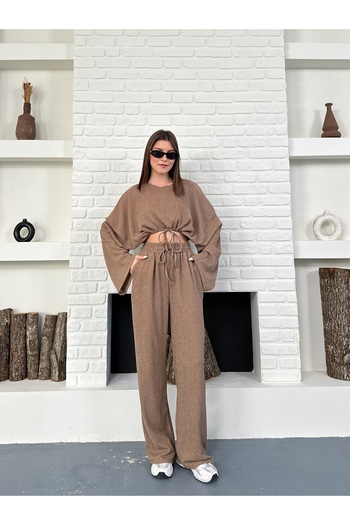OTAKU Women's Drawstring Long Sleeve Crop Blouse and High Waist Wide Leg Pants Set