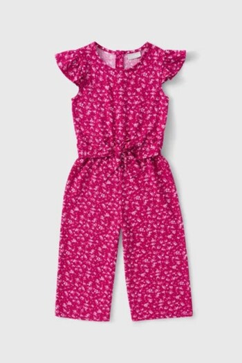 Kübra Tekstil Girls' Fuchsia Ruffle Sleeve Belted Floral Print Romper - Girls' Romper